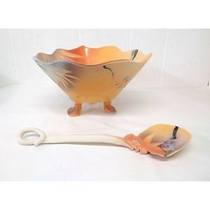 Signed Art Pottery Bowl and Spoon Set Orange Botanical Tri-Footed Tropical